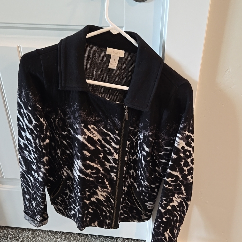 Chico's Black and White Bomber Jacket with Abstract Pattern